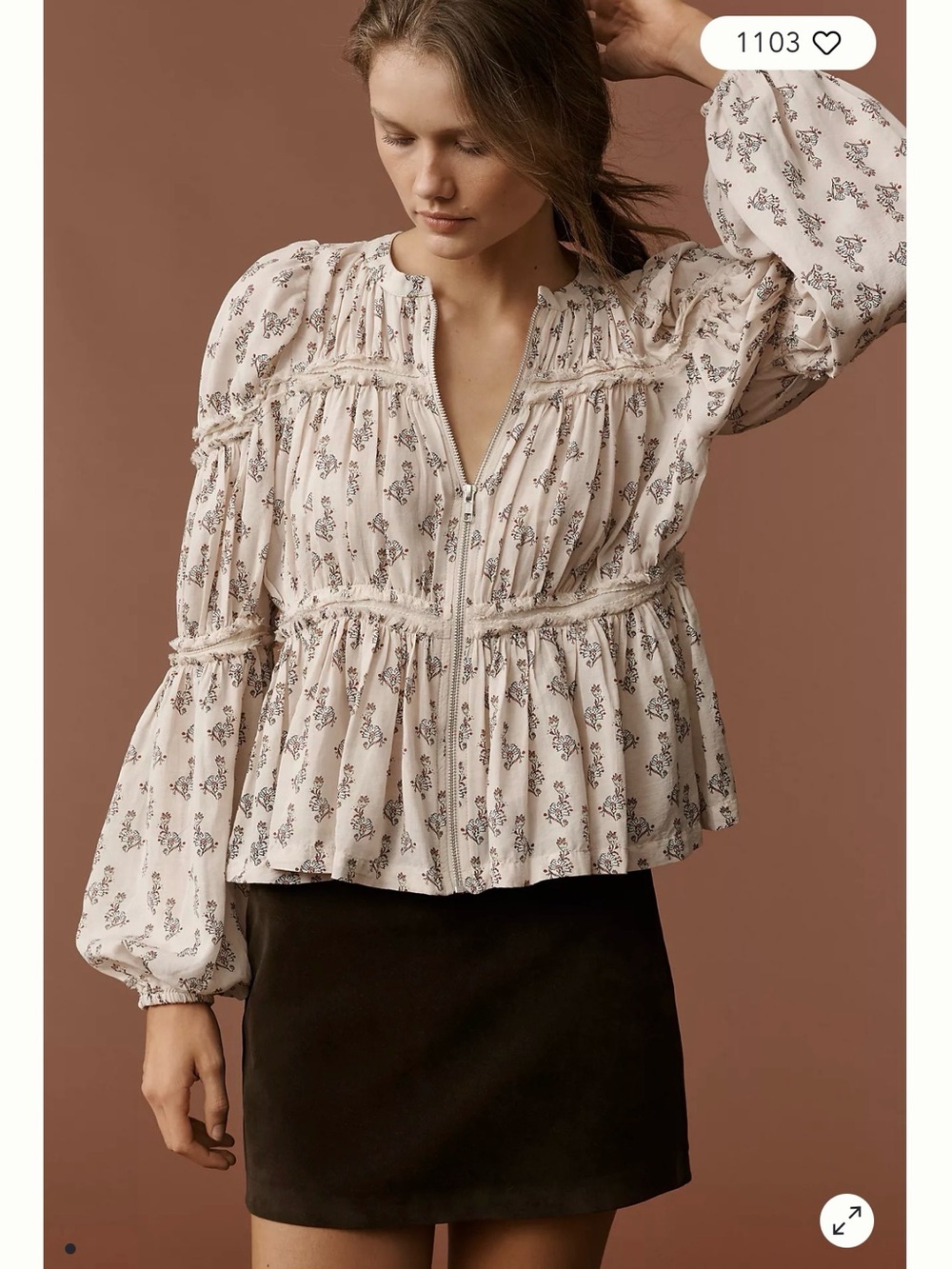 Anthropologie Floral Print Ruffle Trim Zip Front Peplum Blouse Size S
